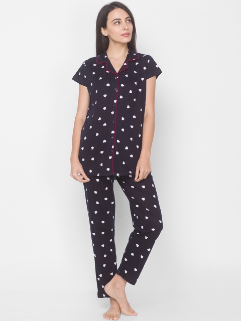 

ZOLA Women Navy Blue & White Hearts Printed Night Suits