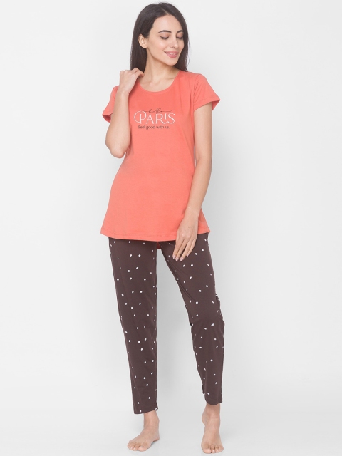 

ZOLA Women Peach-Coloured & Brown Printed Pure Cotton Night suit