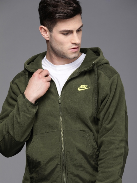 

Nike Men Olive Green Solid SPE+ FLC FZ WINTR Hooded Sweatshirt