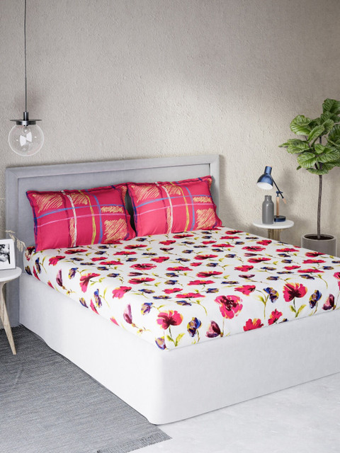 

DDecor White & Pink Floral 140 TC Cotton Queen Bedsheet with 2 Pillow Covers