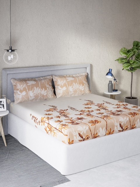

DDecor Beige & Brown Floral Printed Cotton 140 TC Queen Bedsheet with 2 Pillow Covers