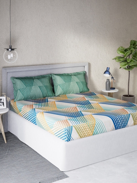 

DDecor Blue & White Geometric 140 TC Cotton Queen Bedsheet with 2 Pillow Covers