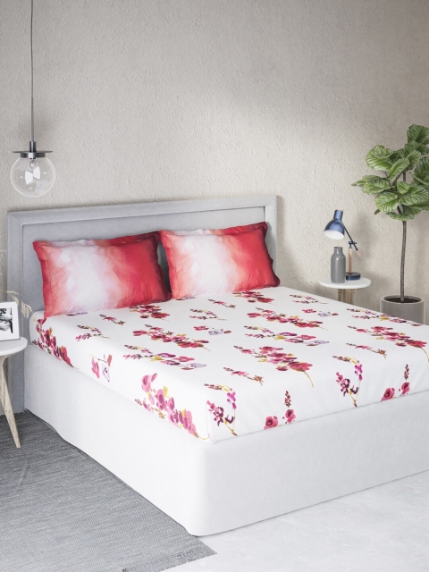 

DDecor Red & White Floral 140 TC Cotton Queen Bedsheet with 2 Pillow Covers