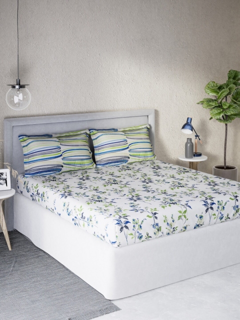 

DDecor Green & White Floral Cotton Sigma 140 TC Queen Bedsheet with 2 Pillow Covers