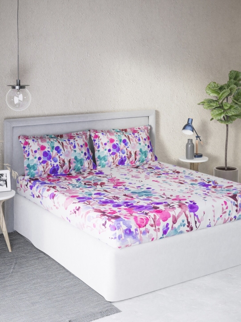 

DDecor Purple & Pink Floral 140 TC Cotton Queen Bedsheet with 2 Pillow Covers