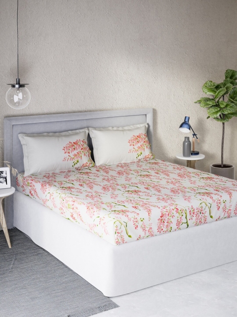 

DDecor Pink & White Floral Cotton Sigma 140 TC Queen Bedsheet with 2 Pillow Covers
