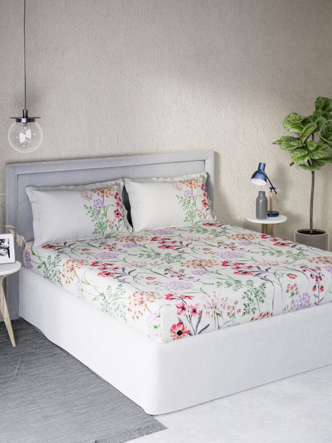 

DDecor White & Red Floral Cotton Sigma 140 TC Queen Bedsheet with 2 Pillow Covers