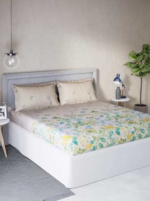 

DDecor Green & Beige Floral 140 TC Cotton Queen Bedsheet with 2 Pillow Covers