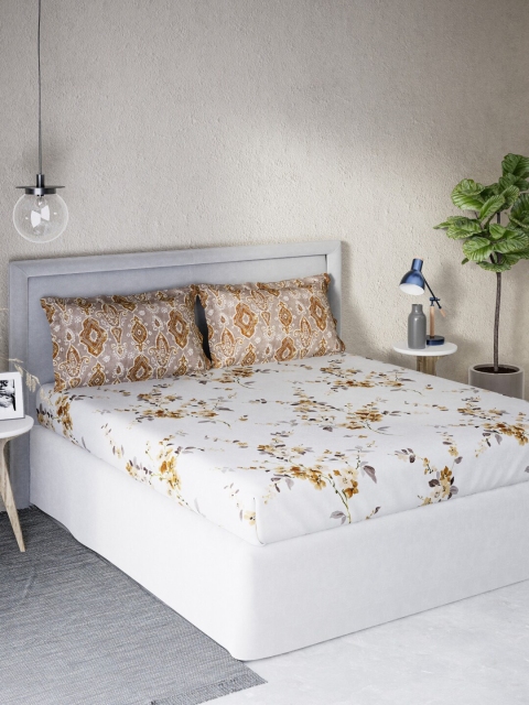 DDecor White & Brown Floral 140 TC Cotton Queen Bedsheet with 2 Pillow Covers