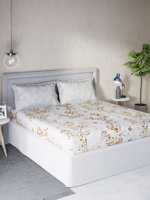 

DDecor White & Yellow Floral 140 TC Cotton Queen Bedsheet with 2 Pillow Covers