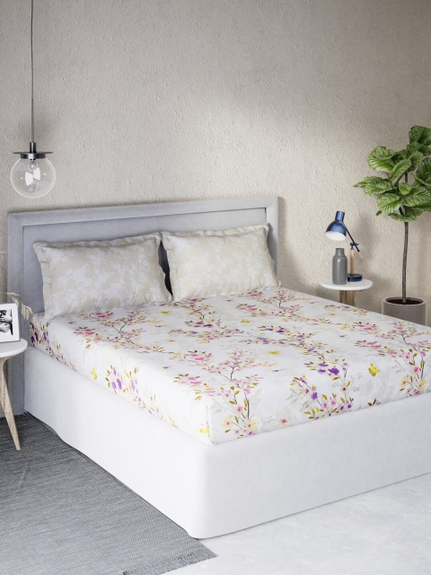 

DDecor White & Pink Floral 140 TC Cotton Queen Bedsheet with 2 Pillow Covers