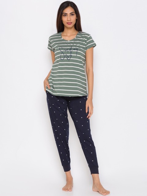 

ZOLA Women Grey & Navy Blue Striped Night suit