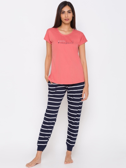 

ZOLA Women Peach-Coloured & Navy Blue Printed Night suit