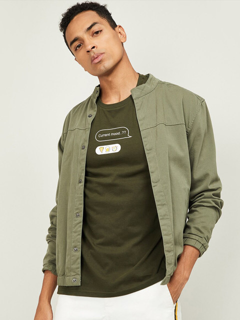 

Smiley World Men Olive Green Printed Slim Fit Cotton T-shirt