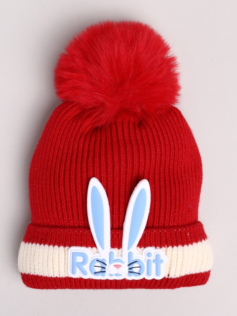 

Toonyport Unisex Kids Red & Off White Colourblocked Rabbit Woolen Beanie Cap with Pom Pom