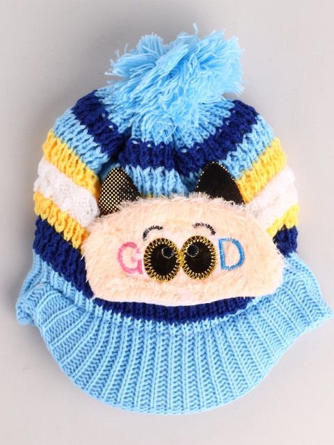 

Toonyport Unisex Kids Blue & Yellow Striped Applique Woolen Beanie Cap with Pom Pom