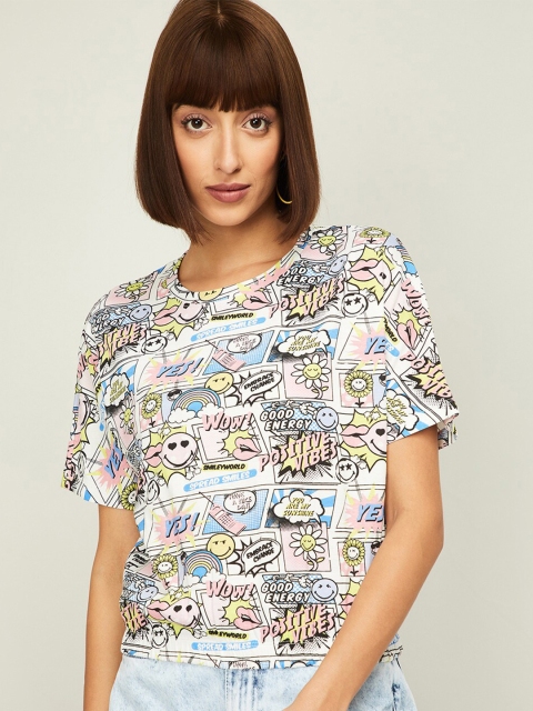 

SmileyWorld Women Off White & Multicoloured Printed Drop-Shoulder Sleeves T-shirt
