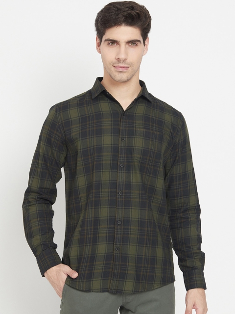 

METTLE Men Olive Green & Black Opaque Checked Cotton Casual Shirt