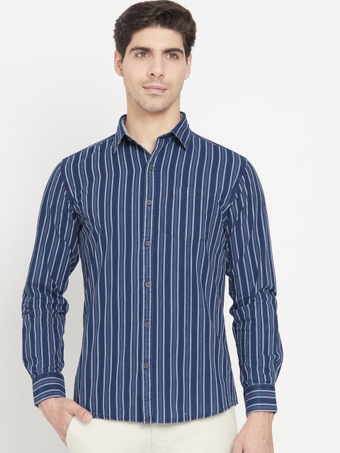 

METTLE Men Blue Opaque Striped Casual Shirt