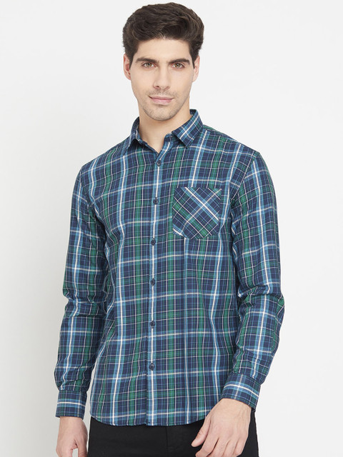 

METTLE Men Blue & Green Tartan Opaque Checked Casual Shirt