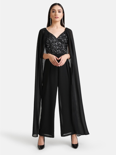 

Kazo Black & Silver-Toned Basic Jumpsuit With Embellished & Cape Sleeves Overlay