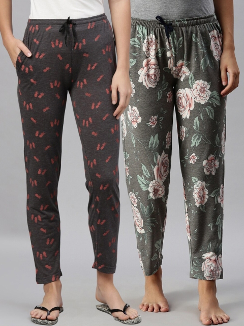 

Kryptic Women Pack of 2 100% Cotton Printed Lounge Pants, Grey melange