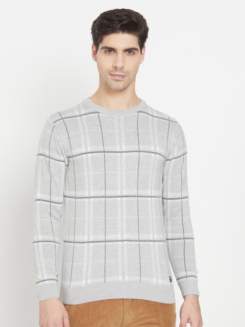 

METTLE Men Grey & White Checked Cotton Pullover