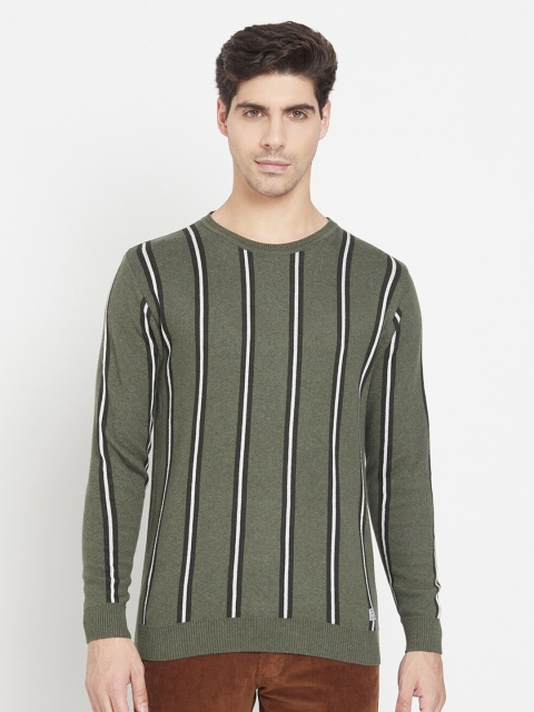

METTLE Men Olive Green & Black Striped Cotton Pullover