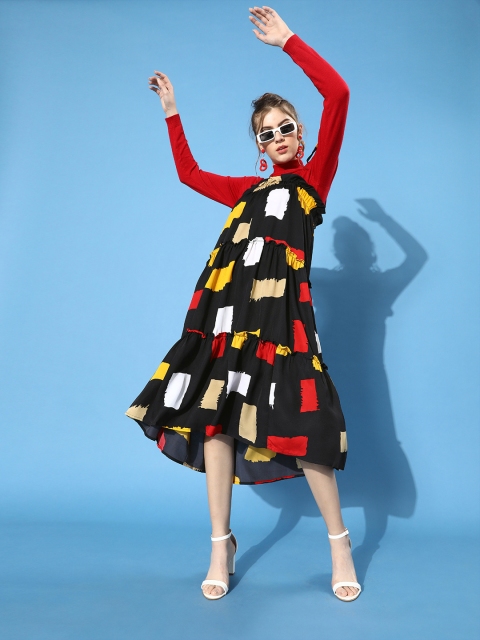 

Cation Women Stylish Black Geometric Tiered Dress