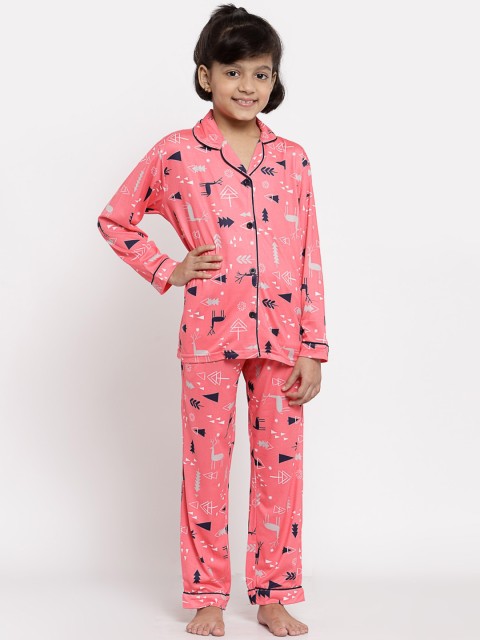 

MAXENCE Kids Pink & Navy Blue Geometric Printed 2 Pc Night Suit