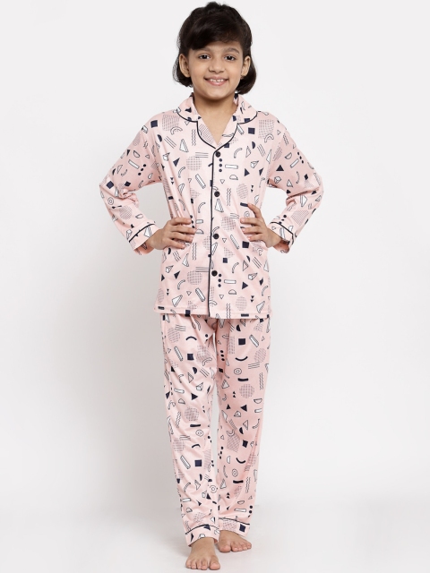 

MAXENCE Unisex Kids Peach-Coloured & White Printed Night suit