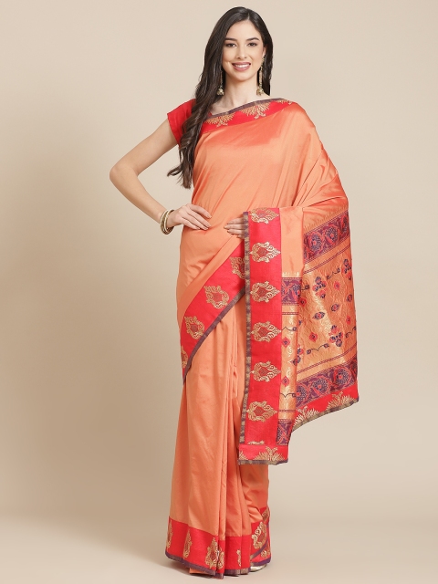 

SHANGRILA Orange Woven Design Zari Art Silk Saree