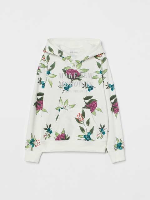 

H&M Girls White Cotton Printed Hoodie