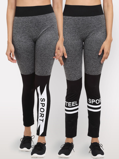 

NEUDIS Women Charcoal Grey & Black Yoga Seamless Solid Tights Pack of 2