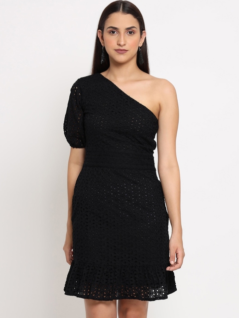 

MARC LOUIS Black Cotton Self Design One Shoulder Dress