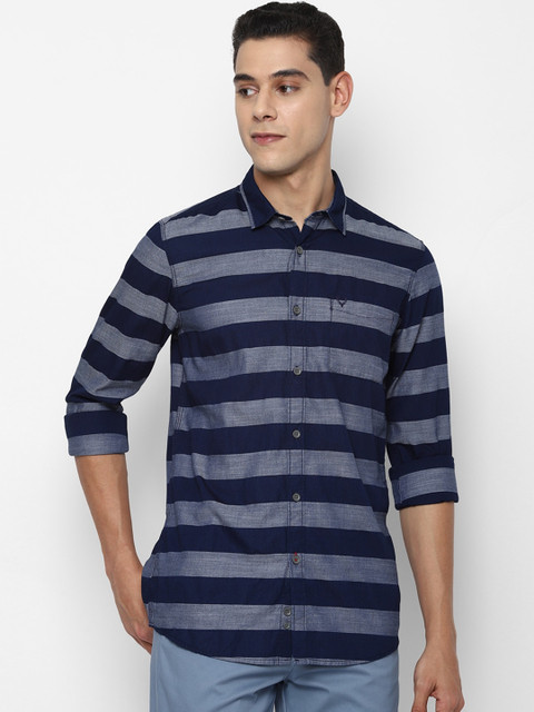 

Allen Solly Sport Men Navy Blue & Grey Opaque Striped Pure Cotton Casual Shirt