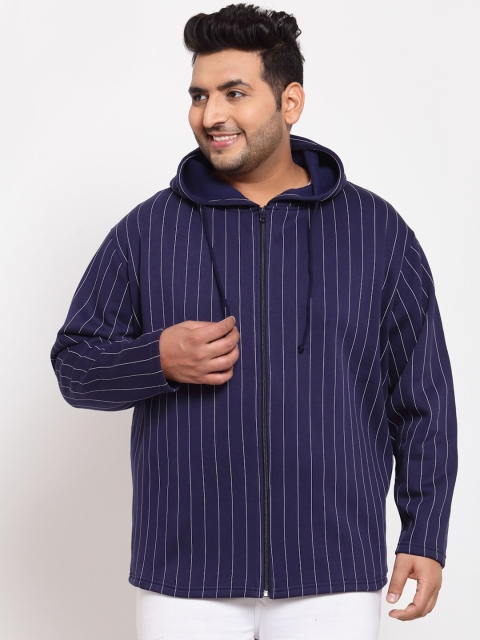 

plusS Men Navy Blue Striped Hooded Sweatshirt