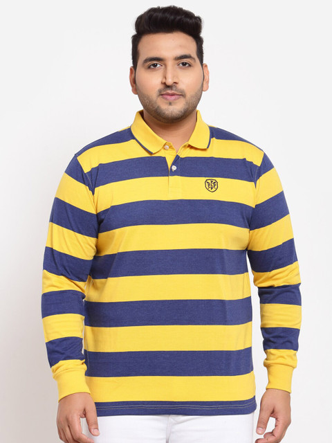 

plusS Men Yellow & Blue Striped Polo Collar T-shirt