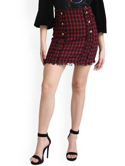 

Kazo Women Black & Red Jacquard Straight Mini-Skirt
