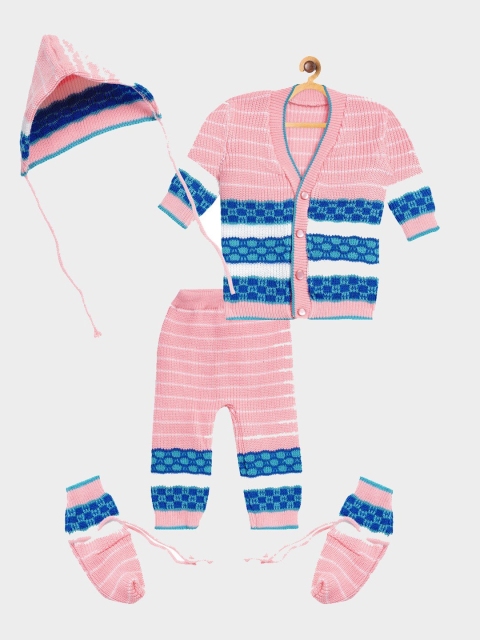 

FABNEST Unisex Kids Pink Self Design Cardigan & Pyjamas With Socks & Head Cap Clothing Set