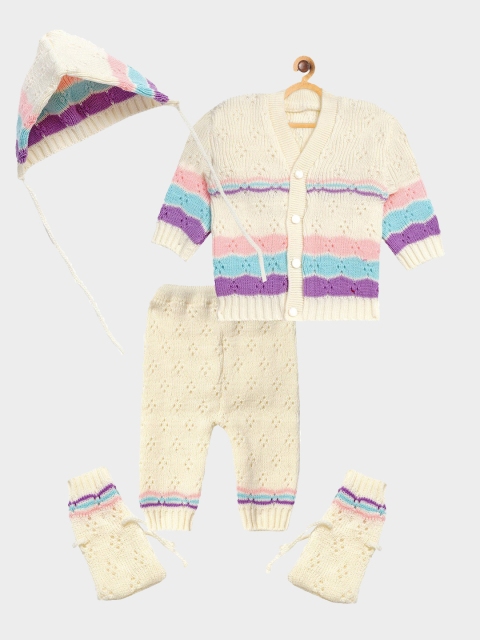 

FABNEST Unisex Kids Beige & Pink Striped Acrylic Cardigan