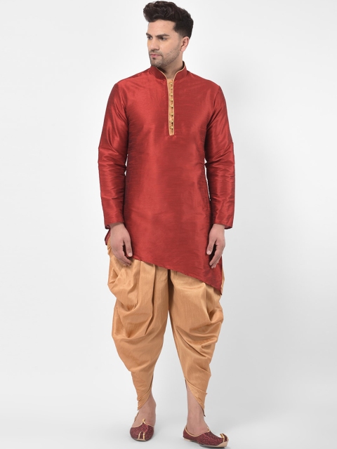 

SG LEMAN Men Maroon & Gold-Toned Regular Raw Silk Kurta With Dhoti Pants