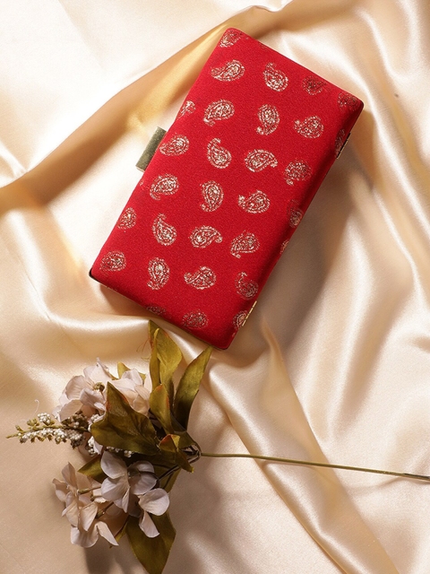 

TRINK Red & Gold-Toned Woven Design Jacquard Box Clutch
