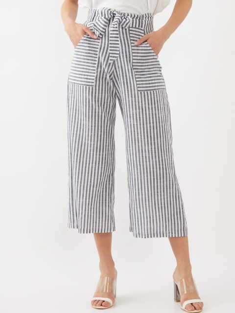 

Zink London Women White Striped High-Rise Culottes Trousers