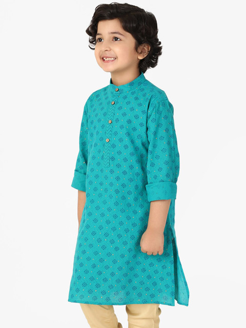 

Fabindia Boys Turquoise Blue Ethnic Motifs Printed Cotton Kurta