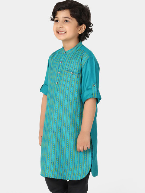 

Fabindia Boys Turquoise Blue Striped Thread Work Pathani Kurta