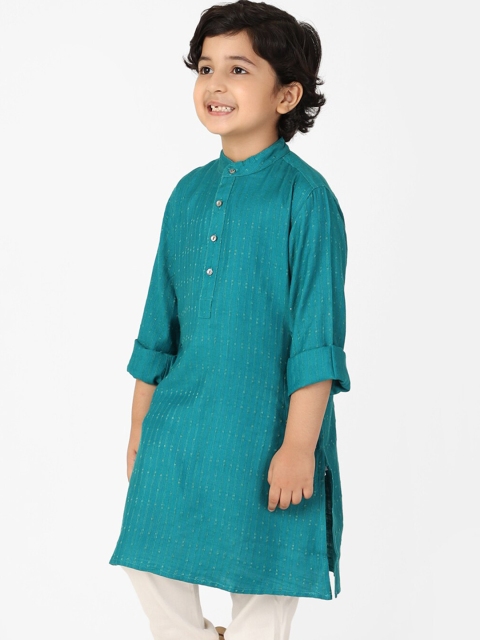 

Fabindia Boys Turquoise Blue Flared Sleeves Thread Work Kurta