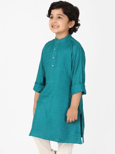 

Fabindia Boys Turquoise Blue Flared Sleeves Thread Work Kurta