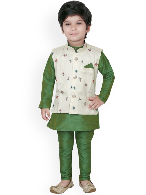 

Ridokidz Boys Green Floral Printed Kurta with Pyjama & Nehru Jacket