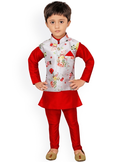 

Ridokidz Boys Grey Layered Kurta with Pyjamas, Red